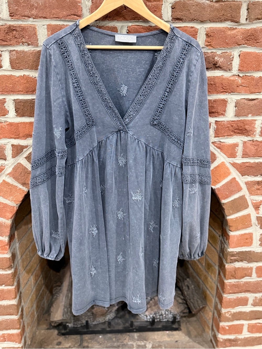 Boho V-Neck Embroidered Midi Dress in Washed Slate